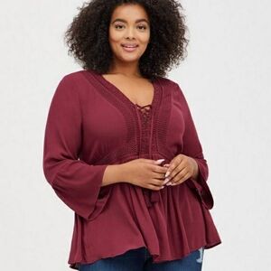 Torrid Women's Long Sleeve Peasant Tunic Berry Red Maroon Tie Neck Boho Size 1